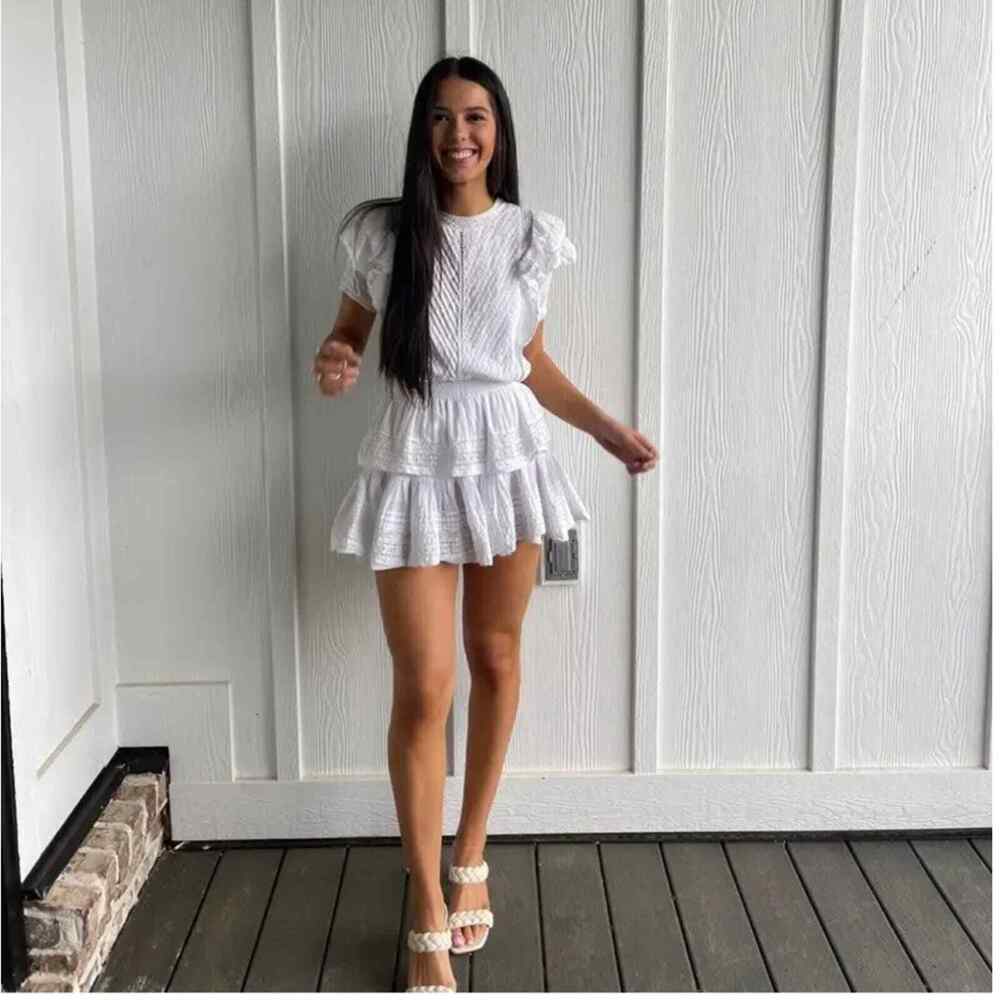 Maia Bergman Mery Mini Dress White‎ Tiered Ruffle Lace Flutter Sleeve Sz S